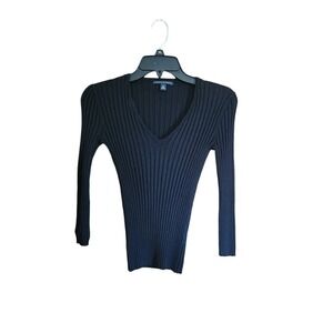 Banana Republic Slim Stretchy Ribbed Knit Qtr. sleeve black top Womens Size M